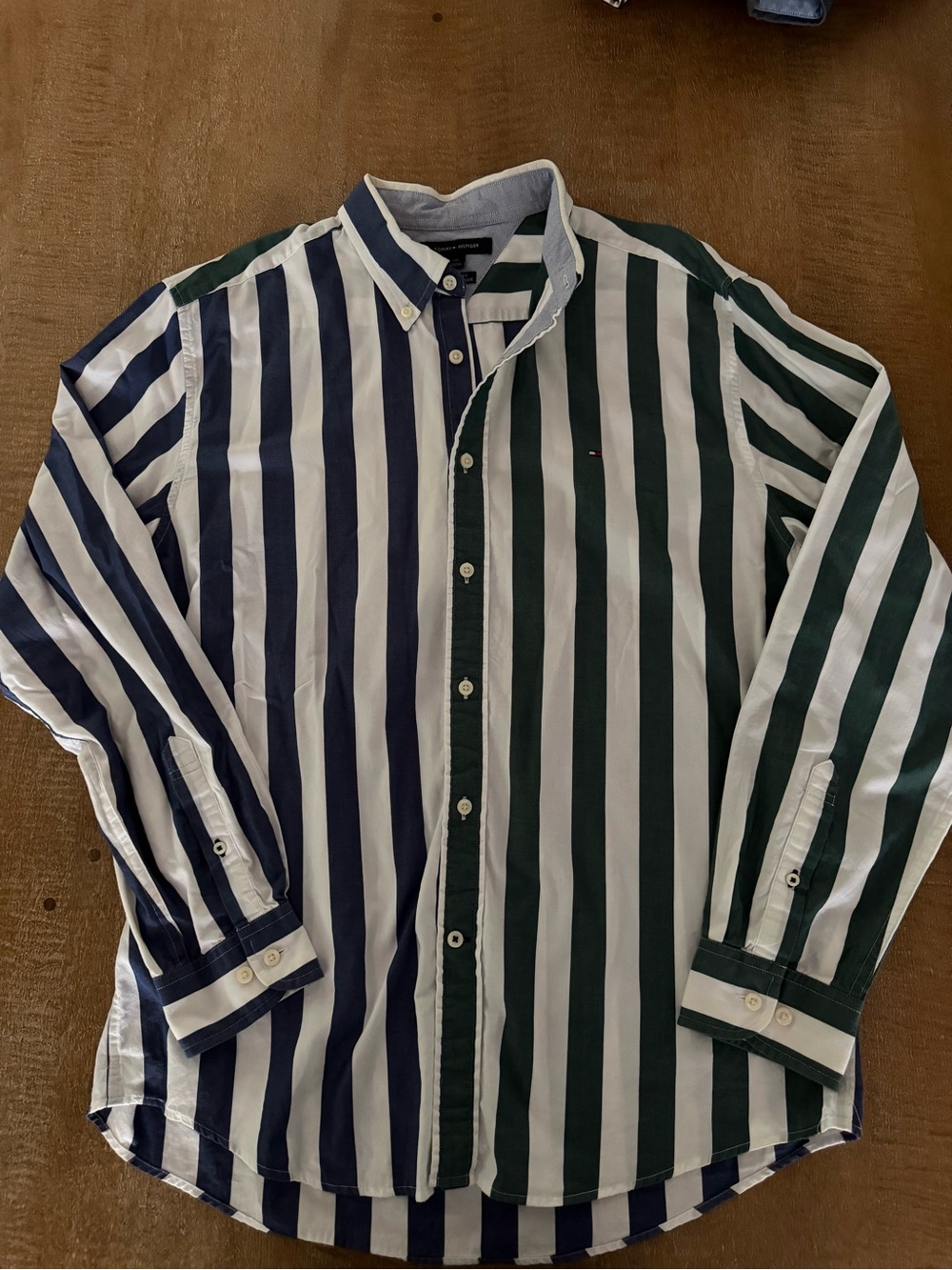 Tommy Hilfiger White Navy & Forest Green Vertical Stripe Button-Down Shirt